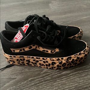 Vans Black and Tan Platform Sneakers with Leopard Print